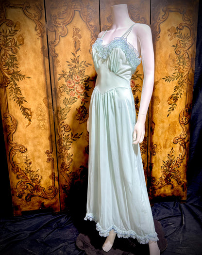 VANITY FAIR vintage nightgown slip dress, 1960s Aqua Blue nylon ruffle lingerie gown