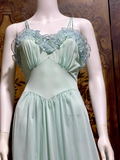 VANITY FAIR vintage nightgown slip dress, 1960s Aqua Blue nylon ruffle lingerie gown