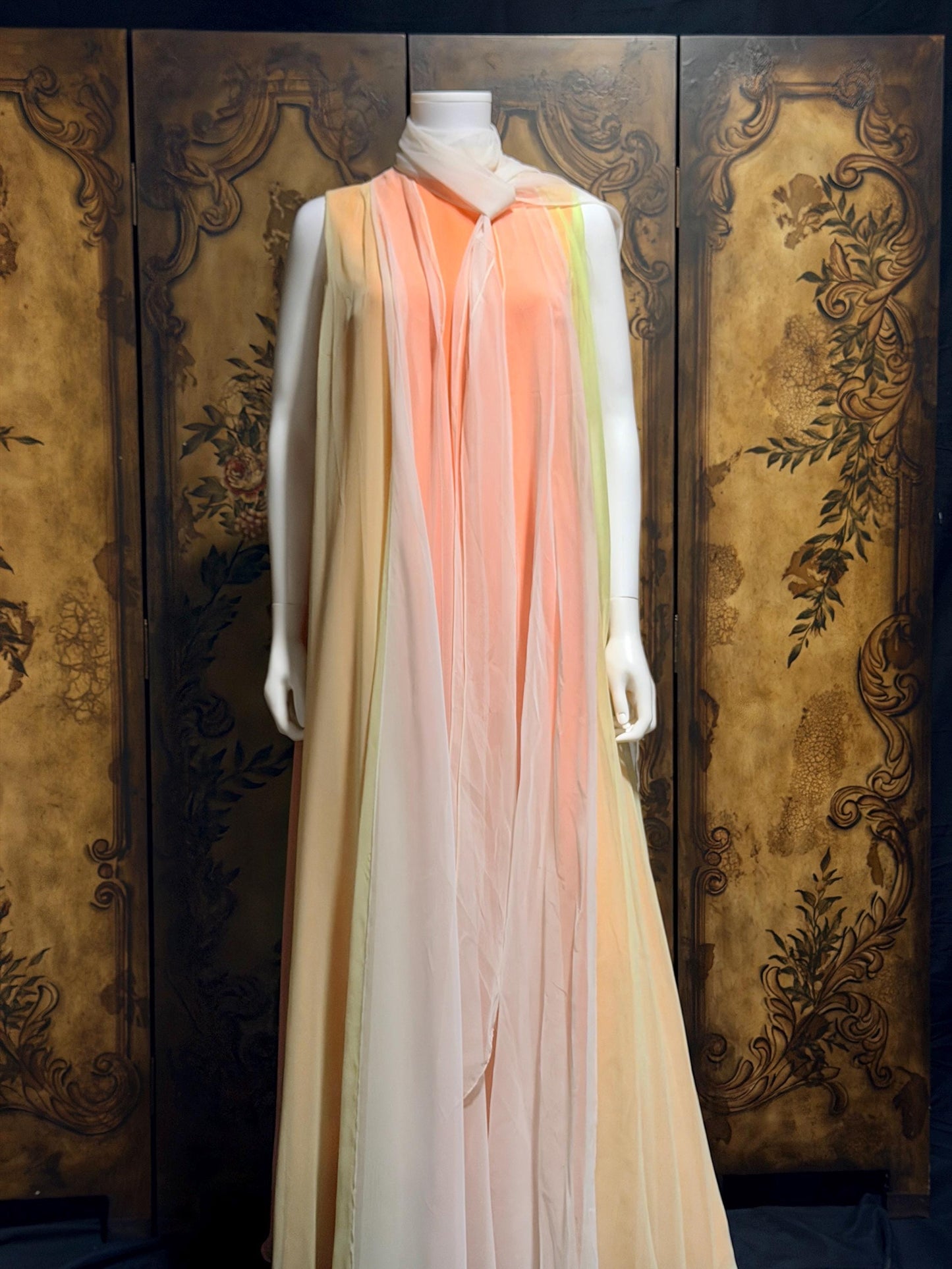 TRAVILLA vintage evening dress gown, 1960s Sorbet Chiffon Cape Dress
