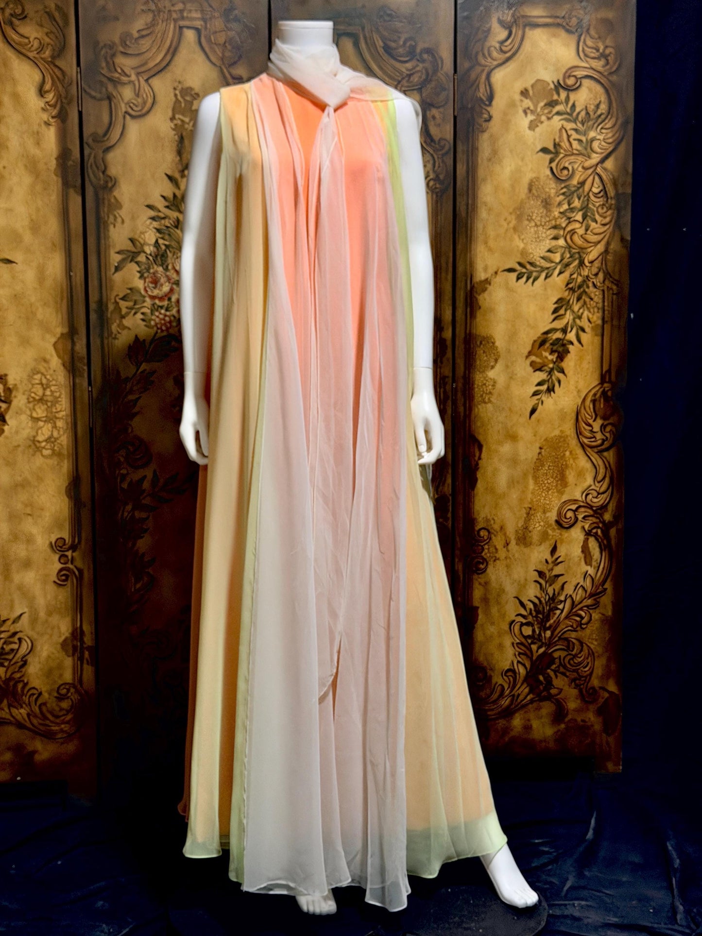 TRAVILLA vintage evening dress gown, 1960s Sorbet Chiffon Cape Dress