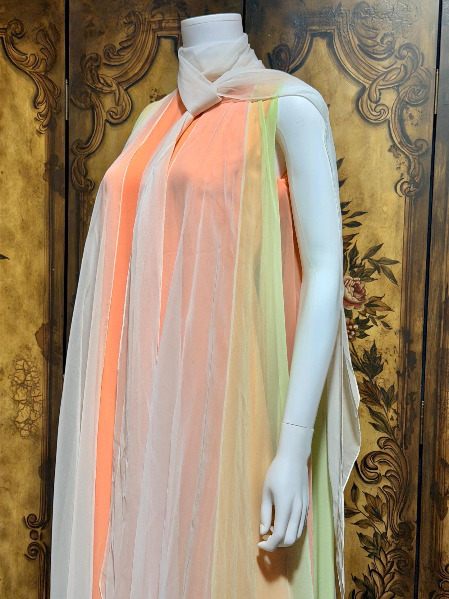 TRAVILLA vintage evening dress gown, 1960s Sorbet Chiffon Cape Dress