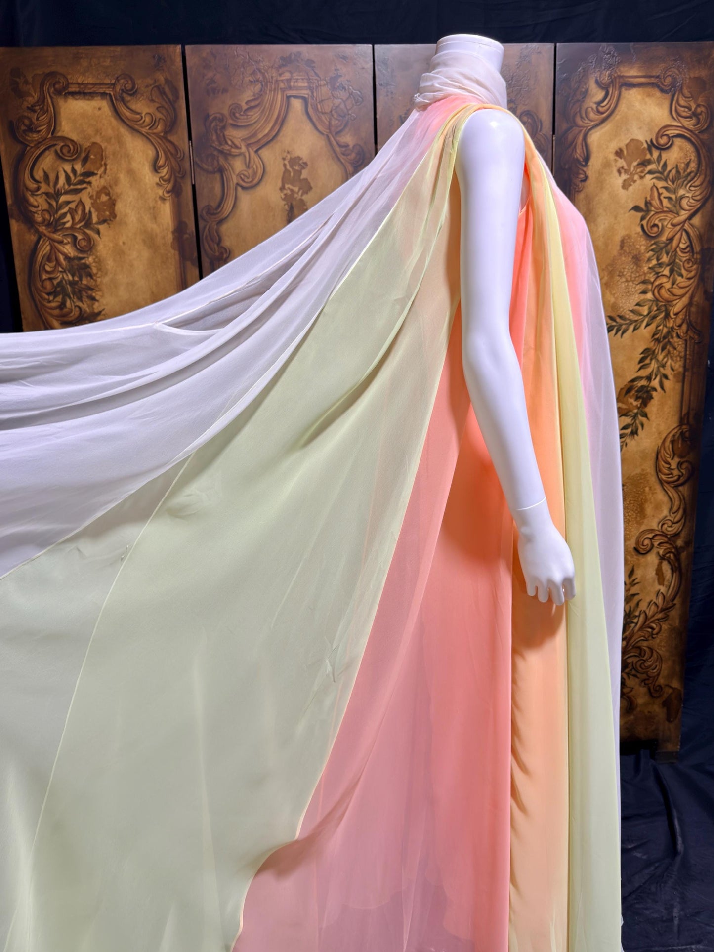 TRAVILLA vintage evening dress gown, 1960s Sorbet Chiffon Cape Dress