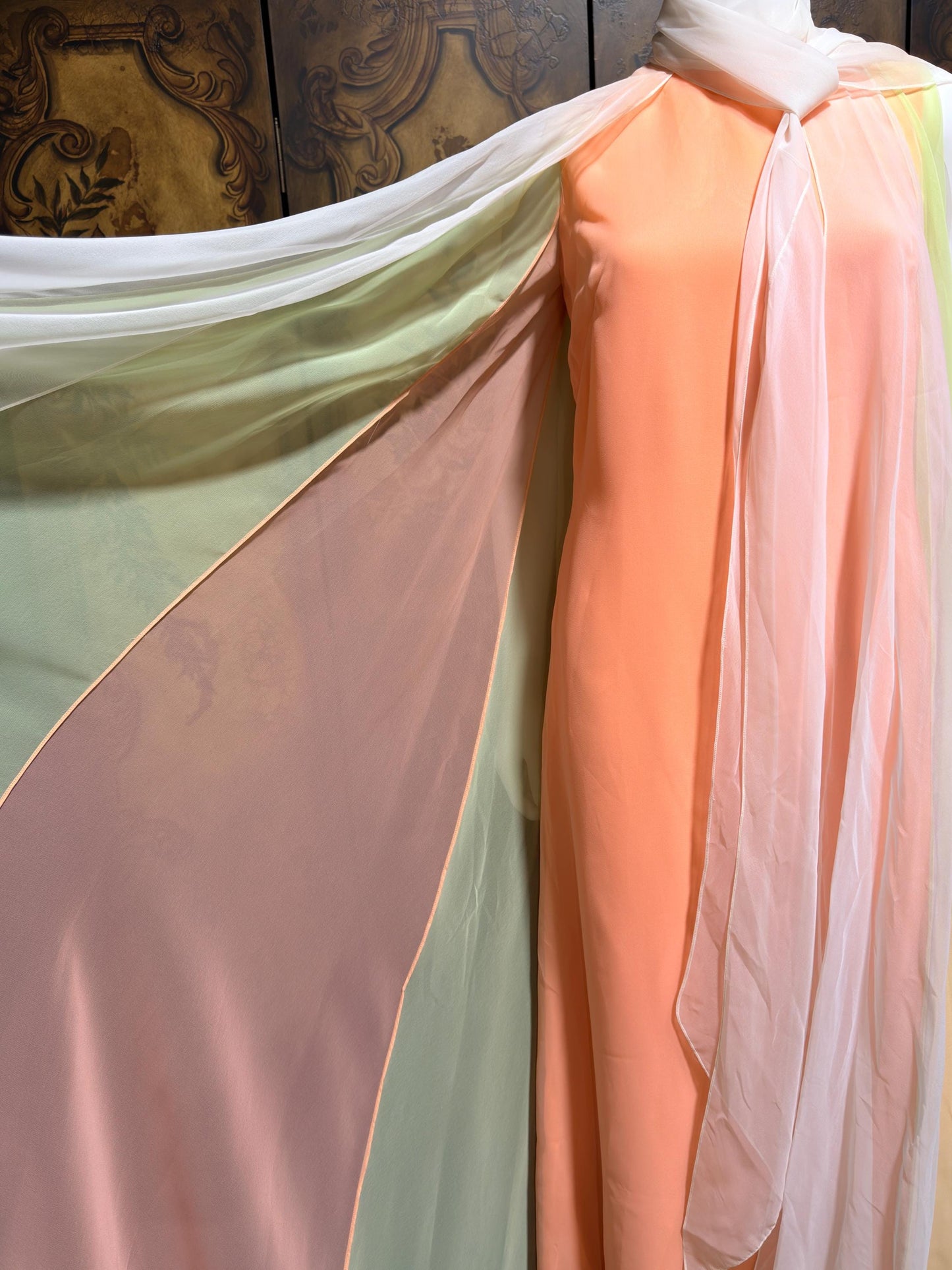 TRAVILLA vintage evening dress gown, 1960s Sorbet Chiffon Cape Dress