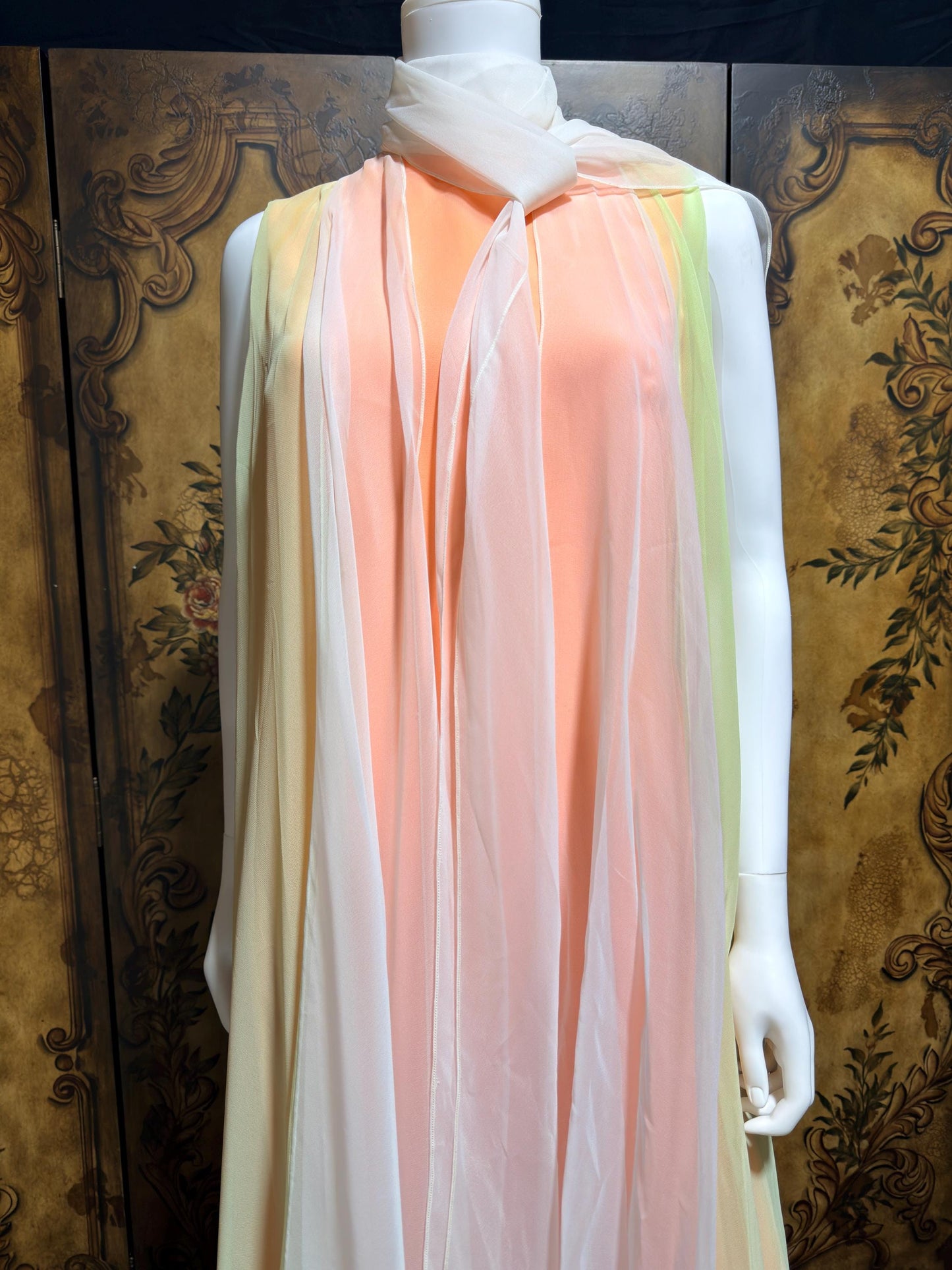 TRAVILLA vintage evening dress gown, 1960s Sorbet Chiffon Cape Dress
