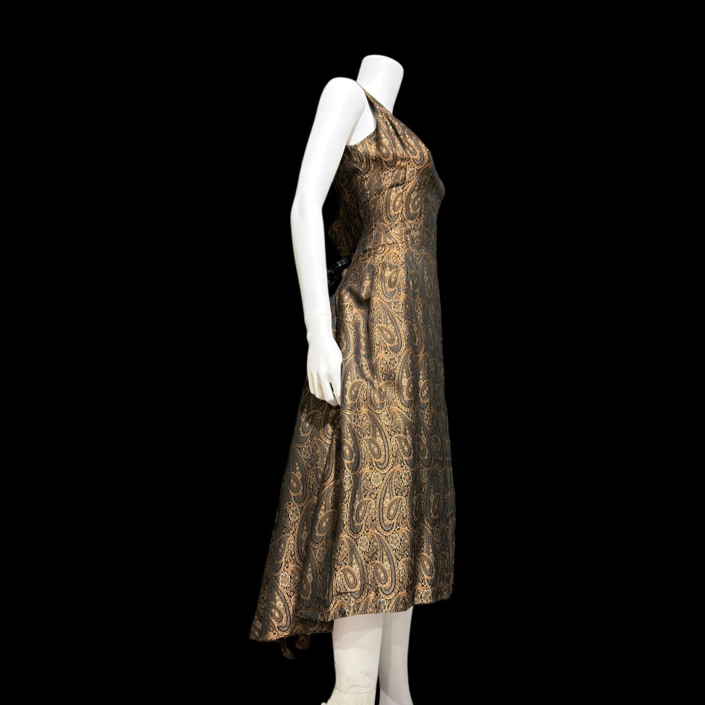 ESTEVEZ GRENELLE vintage evening cocktail party dress, 1950s brown paisley damask high low dress