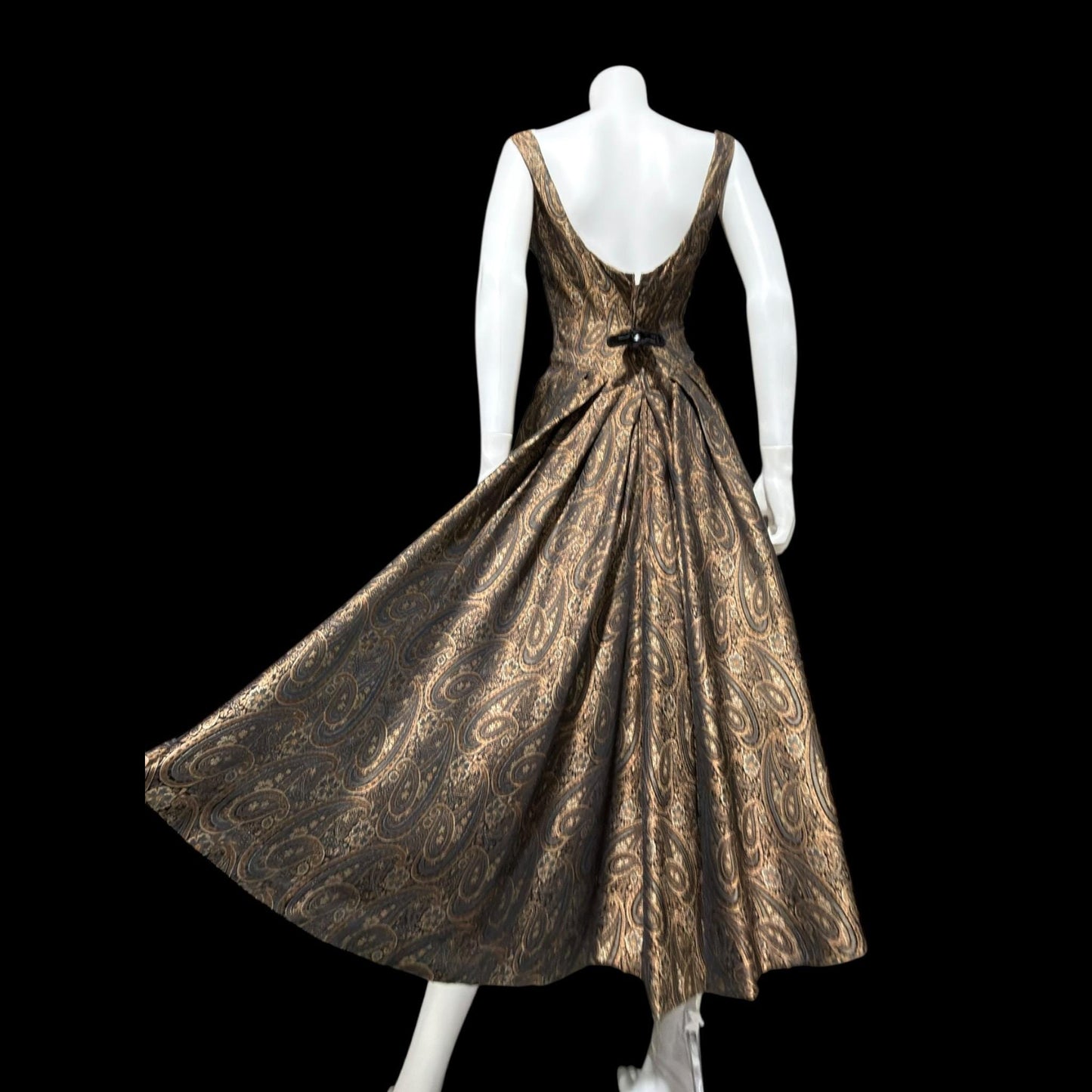 ESTEVEZ GRENELLE vintage evening cocktail party dress, 1950s brown paisley damask high low dress