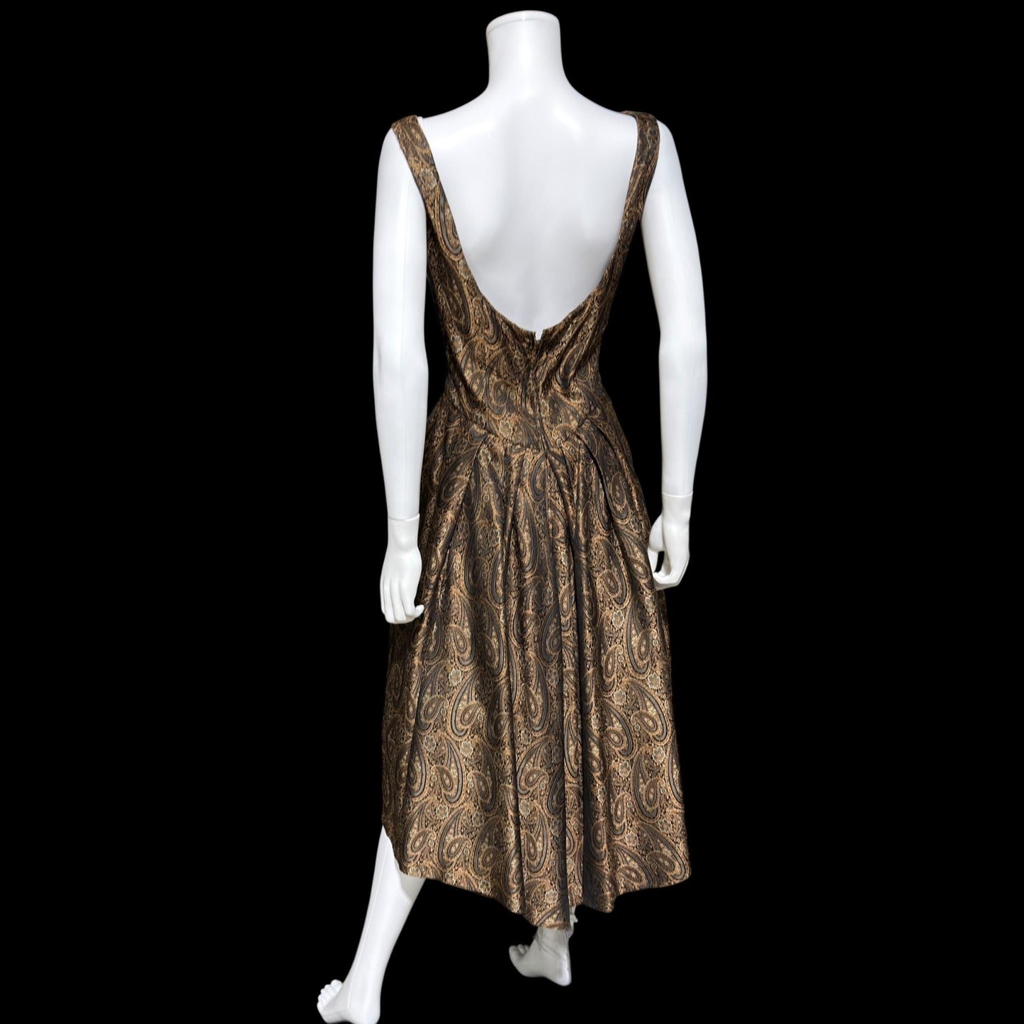 ESTEVEZ GRENELLE vintage evening cocktail party dress, 1950s brown paisley damask high low dress