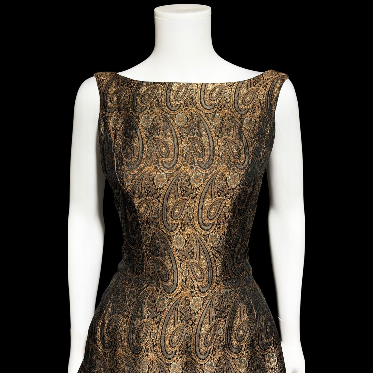 ESTEVEZ GRENELLE vintage evening cocktail party dress, 1950s brown paisley damask high low dress