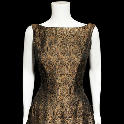 ESTEVEZ GRENELLE vintage evening cocktail party dress, 1950s brown paisley damask high low dress