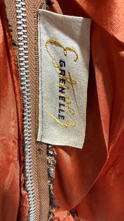 ESTEVEZ GRENELLE vintage evening cocktail party dress, 1950s brown paisley damask high low dress