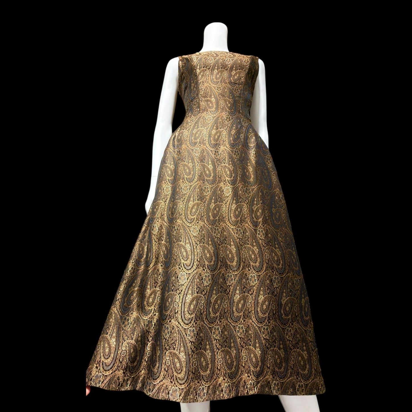 ESTEVEZ GRENELLE vintage evening cocktail party dress, 1950s brown paisley damask high low dress