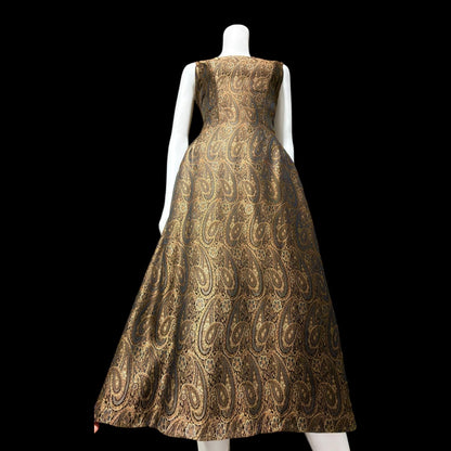 ESTEVEZ GRENELLE vintage evening cocktail party dress, 1950s brown paisley damask high low dress