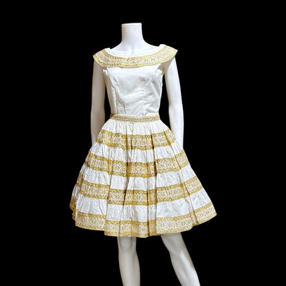 1950s vintage Patio Fiesta Dress, White Cotton Gold metallic 2 pc dress top & skirt