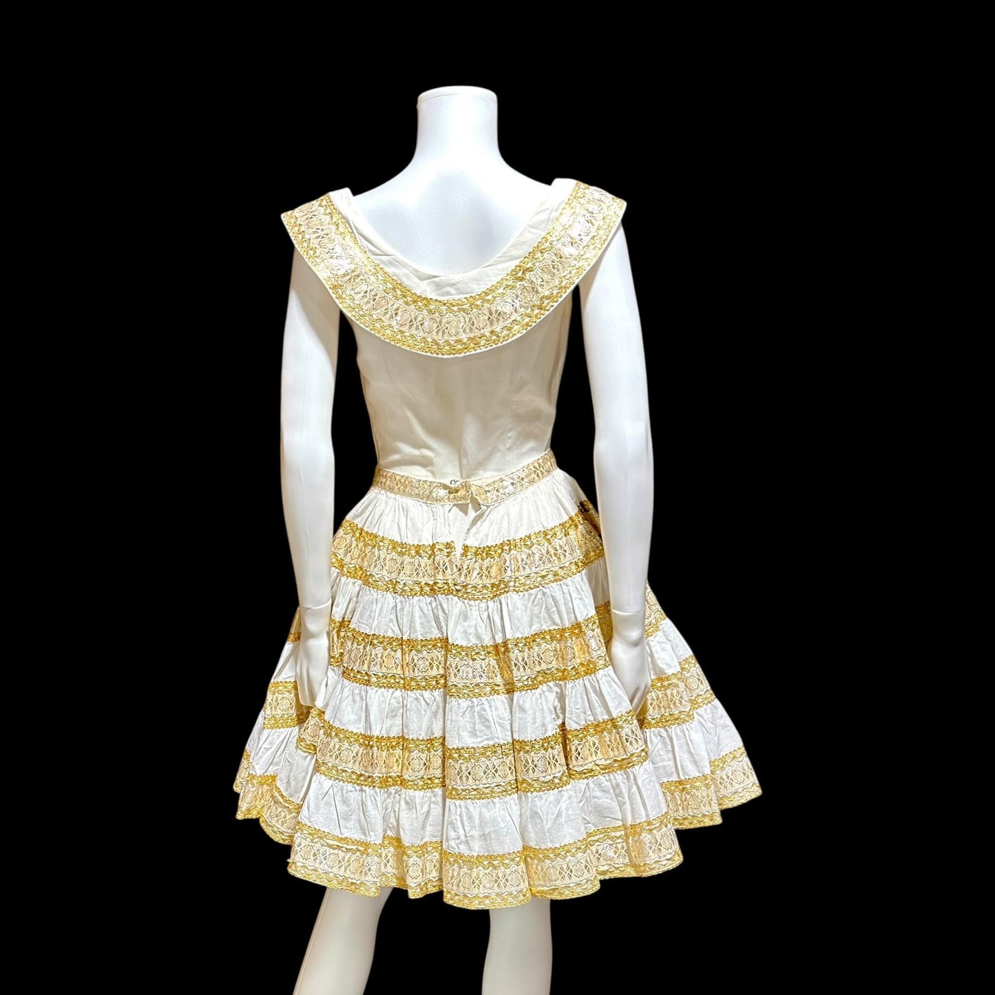 1950s vintage Patio Fiesta Dress, White Cotton Gold metallic 2 pc dress top & skirt
