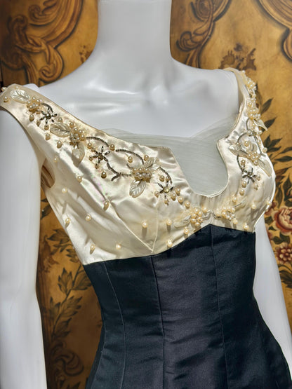 SEYMOUR JACOBSON vintage 1950s cocktail party dress, black silk evening dress