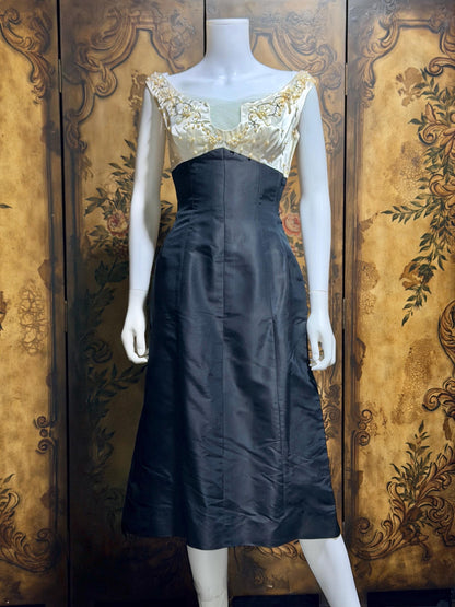 SEYMOUR JACOBSON vintage 1950s cocktail party dress, black silk evening dress