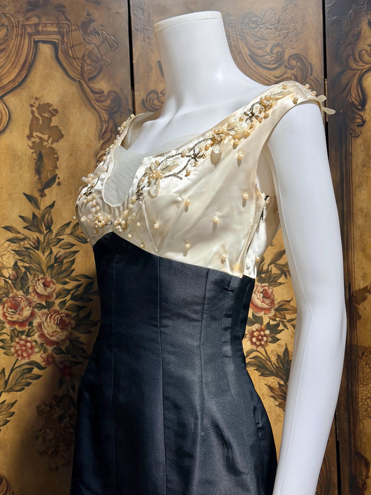 SEYMOUR JACOBSON vintage 1950s cocktail party dress, black silk evening dress