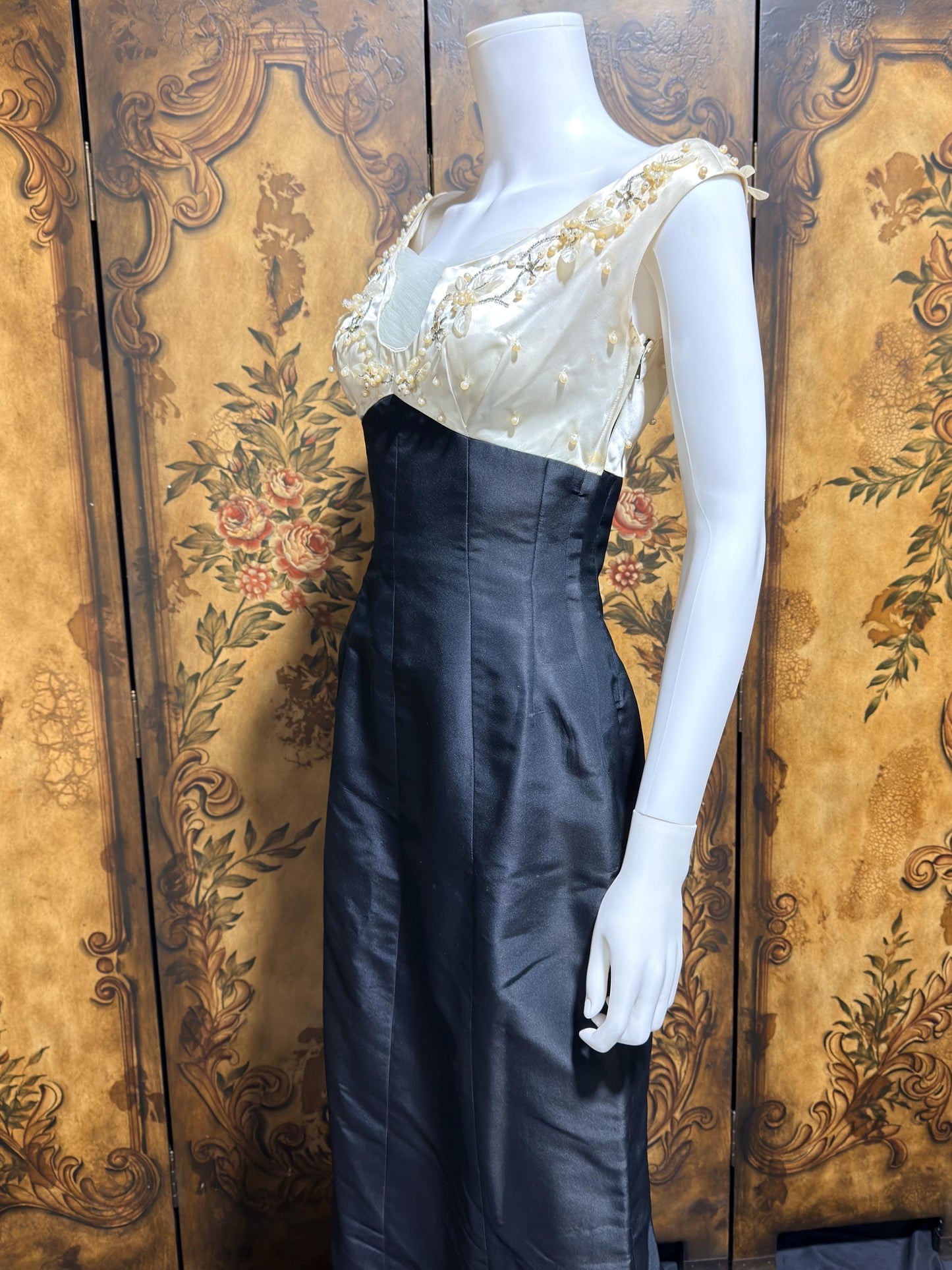 SEYMOUR JACOBSON vintage 1950s cocktail party dress, black silk evening dress