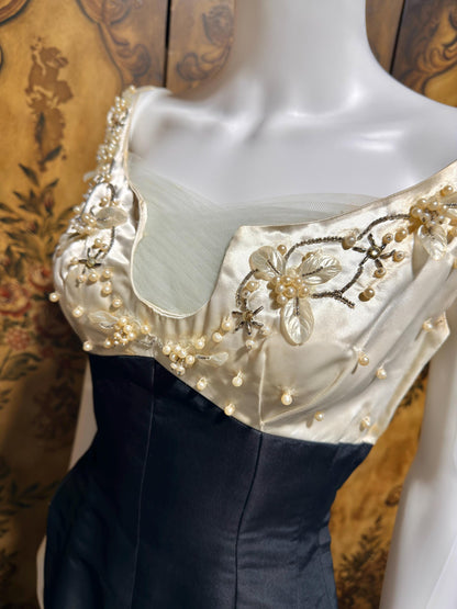 SEYMOUR JACOBSON vintage 1950s cocktail party dress, black silk evening dress