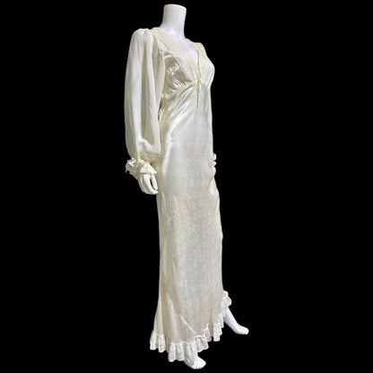 FEMICRAFT vintage 1930s nightgown dress, shimmering pearly white liquid satin sheath lingerie gown