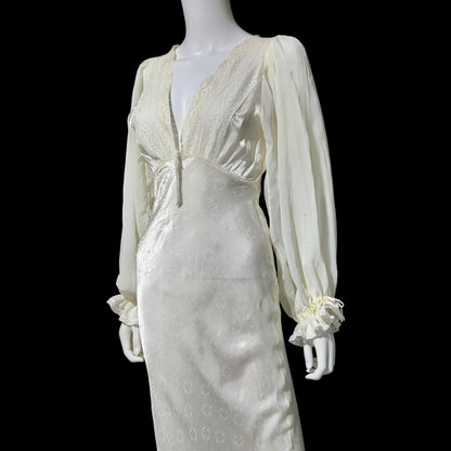 FEMICRAFT vintage 1930s nightgown dress, shimmering pearly white liquid satin sheath lingerie gown