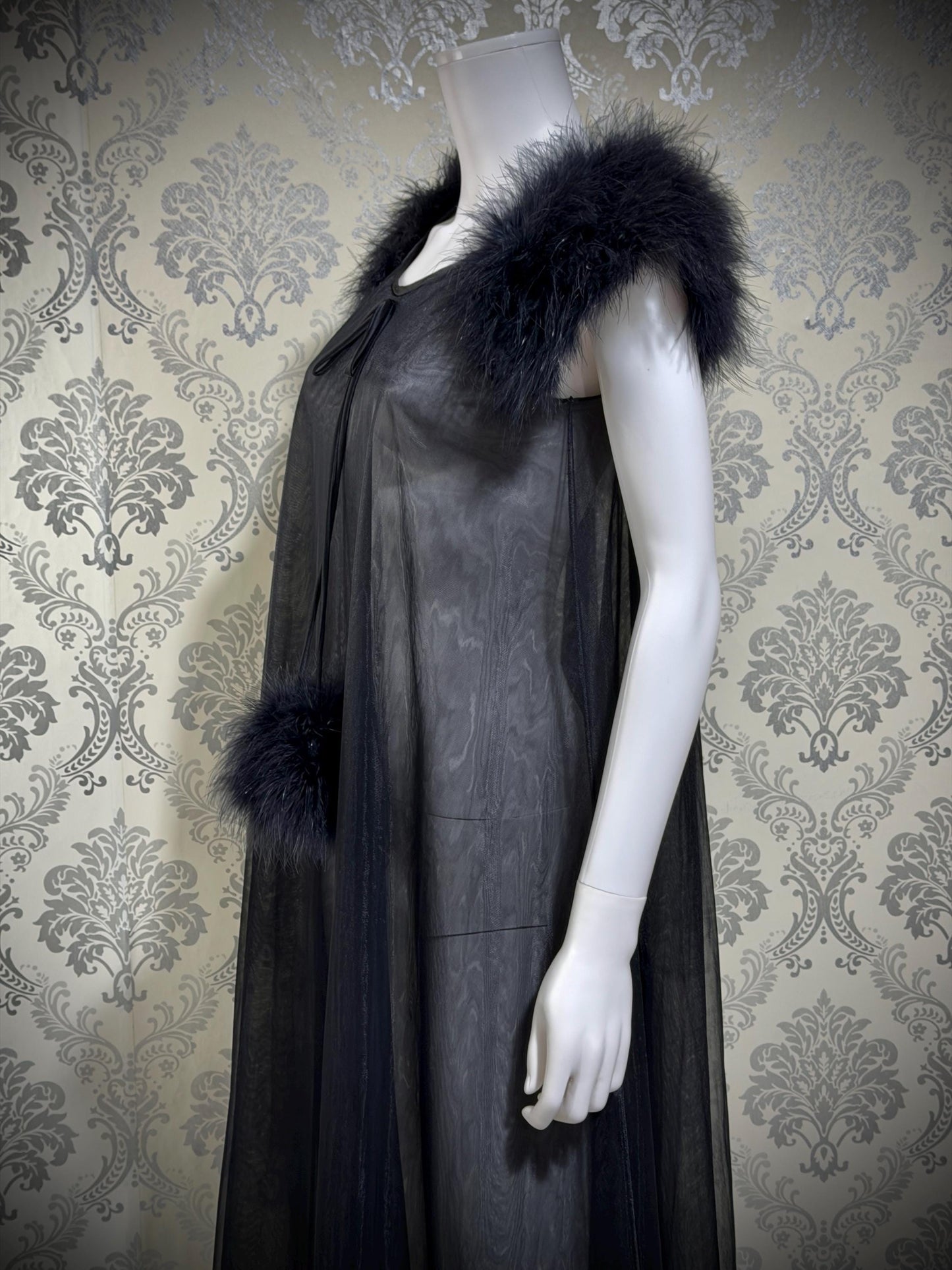 JENELLE Vintage nightgown caftan dress, 1960s Sheer black nylon with marabou lingerie dress