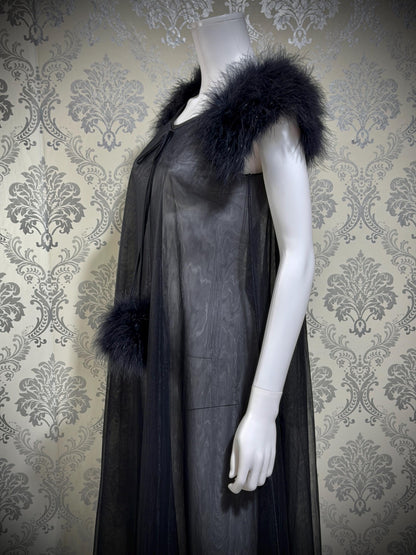 JENELLE Vintage nightgown caftan dress, 1960s Sheer black nylon with marabou lingerie dress