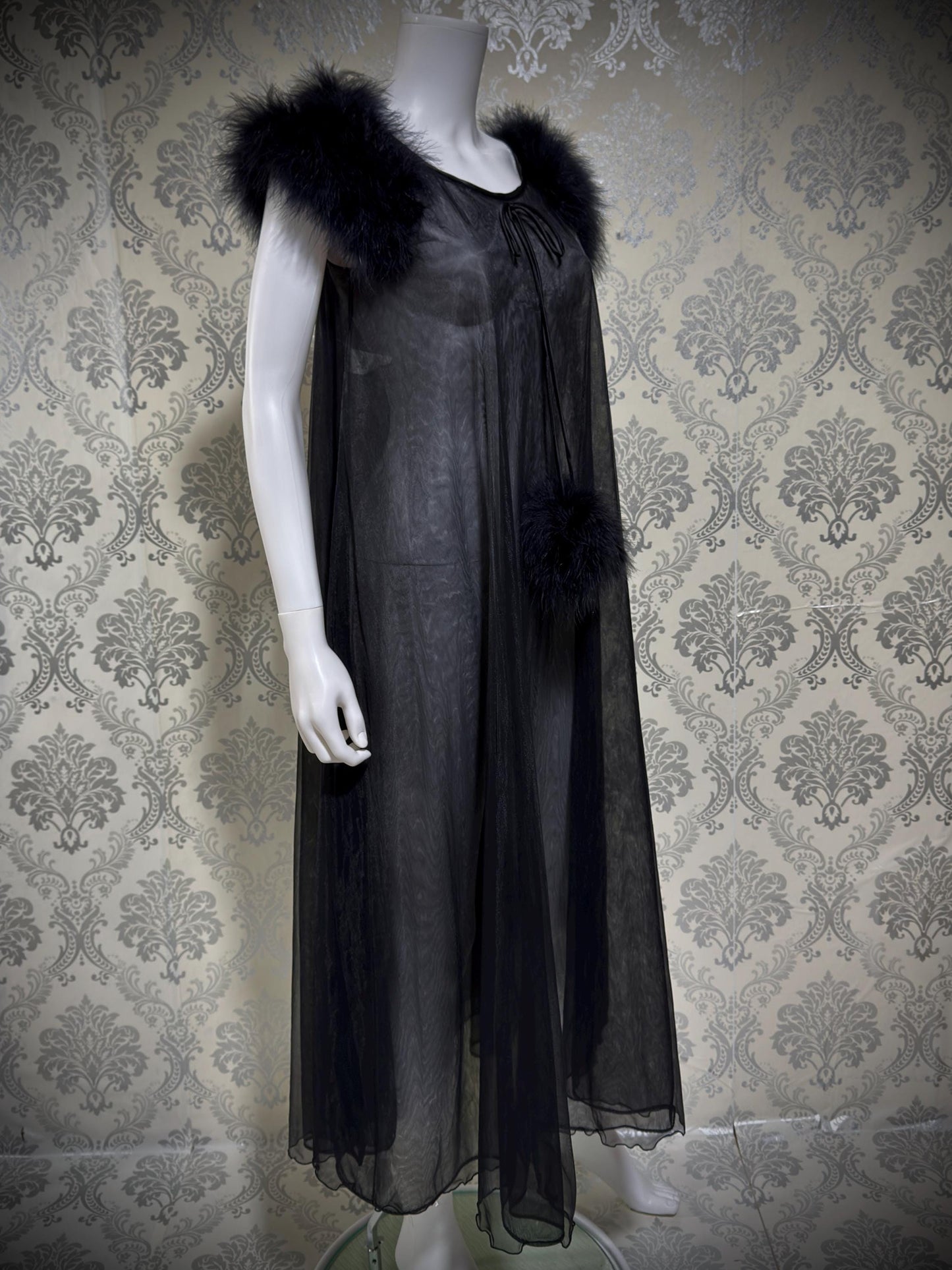 JENELLE Vintage nightgown caftan dress, 1960s Sheer black nylon with marabou lingerie dress