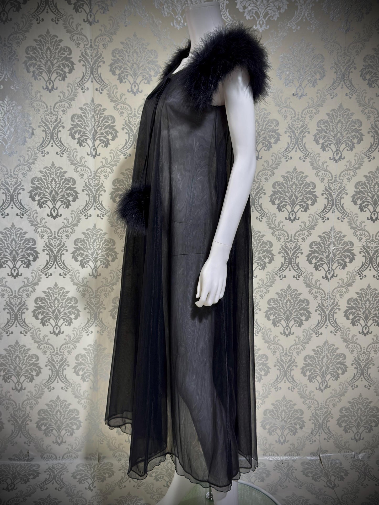 JENELLE Vintage nightgown caftan dress, 1960s Sheer black nylon with marabou lingerie dress