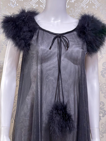JENELLE Vintage nightgown caftan dress, 1960s Sheer black nylon with marabou lingerie dress