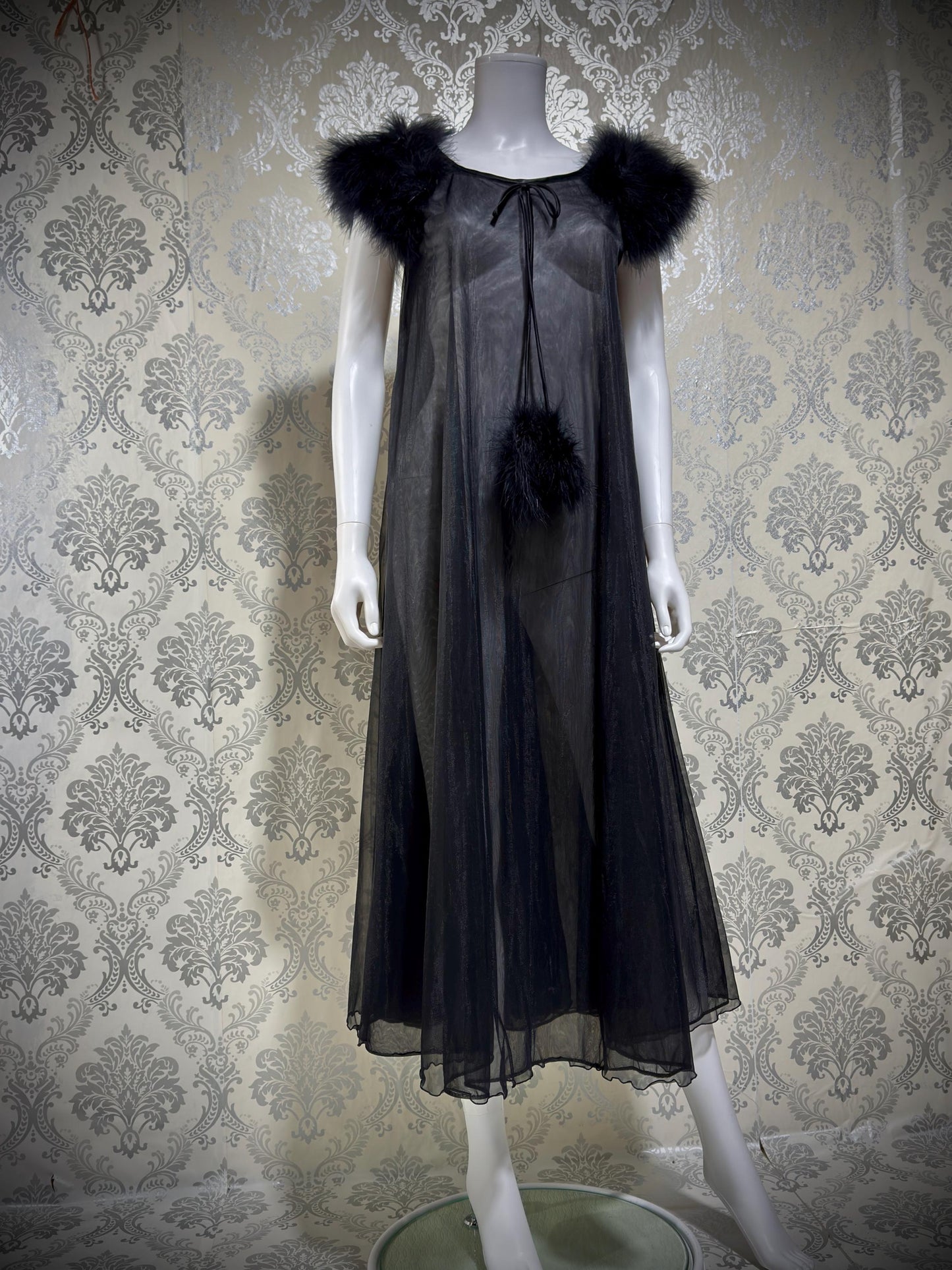 JENELLE Vintage nightgown caftan dress, 1960s Sheer black nylon with marabou lingerie dress