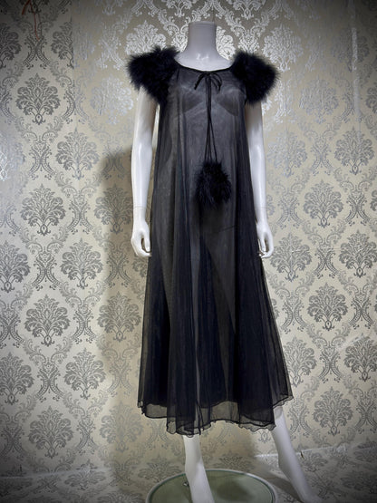 JENELLE Vintage nightgown caftan dress, 1960s Sheer black nylon with marabou lingerie dress