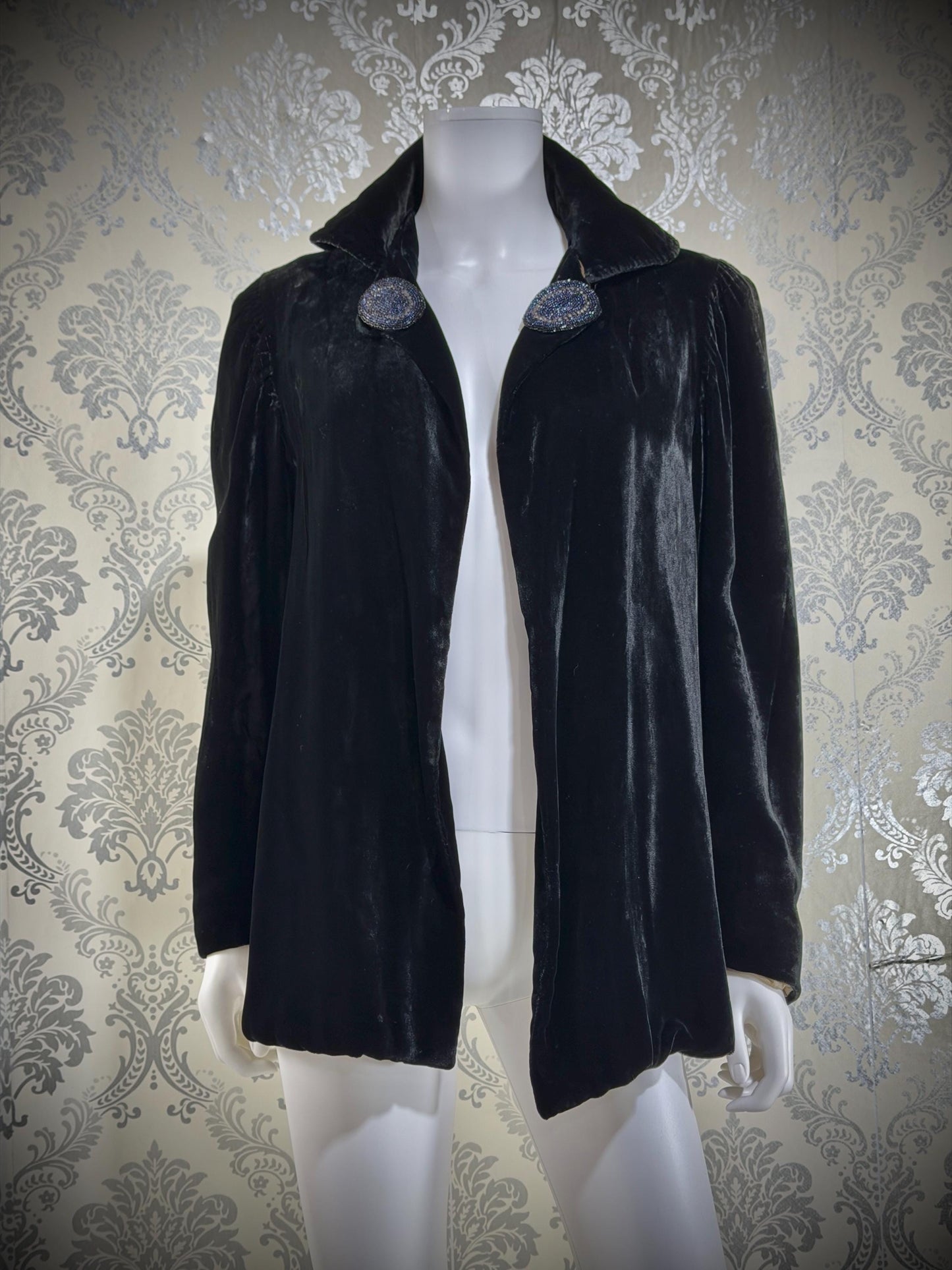 1930s Vintage Velvet Evening Jacket, Black Silk Velvet Swing Cocktail Coat