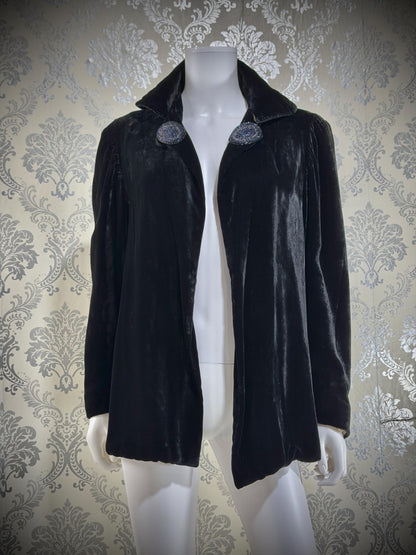1930s Vintage Velvet Evening Jacket, Black Silk Velvet Swing Cocktail Coat