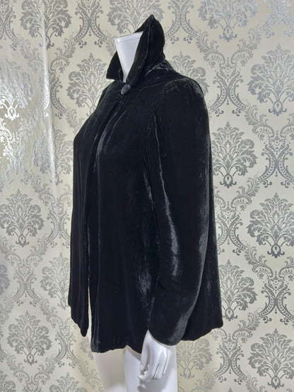 1930s Vintage Velvet Evening Jacket, Black Silk Velvet Swing Cocktail Coat