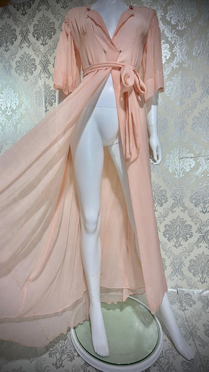1930s Vintage silk dressing gown robe, peachy pink silk chiffon housecoat lingerie dress