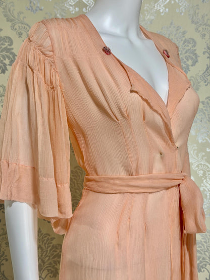 1930s Vintage silk dressing gown robe, peachy pink silk chiffon housecoat lingerie dress