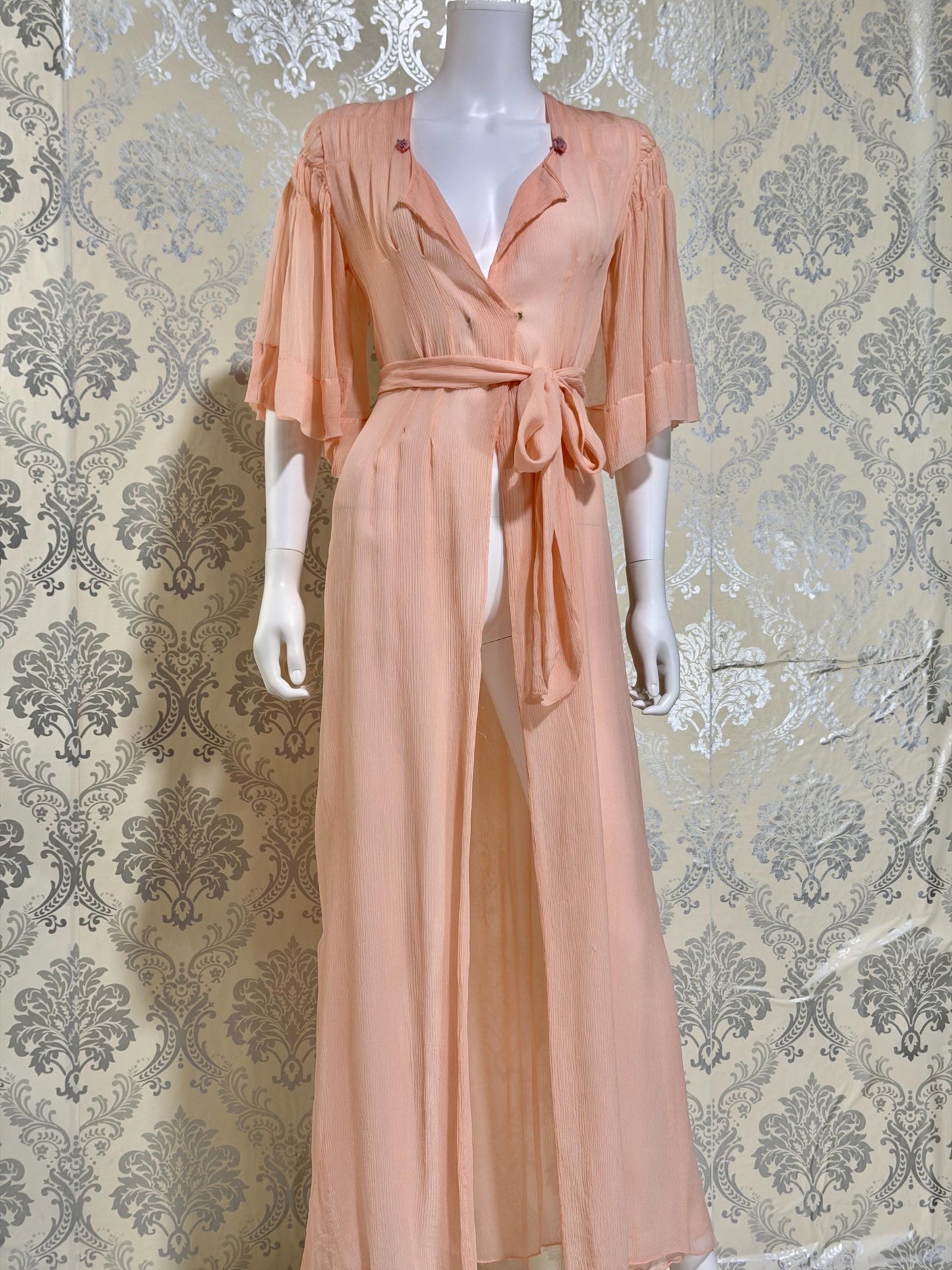 1930s Vintage silk dressing gown robe, peachy pink silk chiffon housecoat lingerie dress