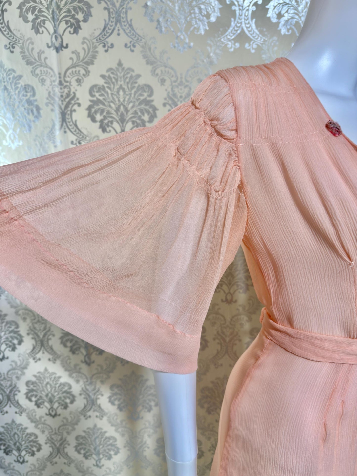 1930s Vintage silk dressing gown robe, peachy pink silk chiffon housecoat lingerie dress