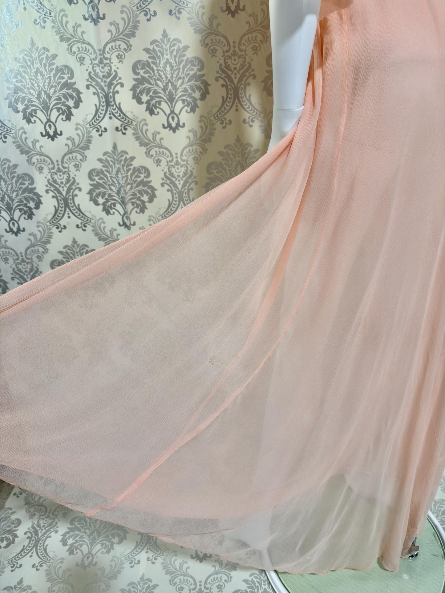 1930s Vintage silk dressing gown robe, peachy pink silk chiffon housecoat lingerie dress