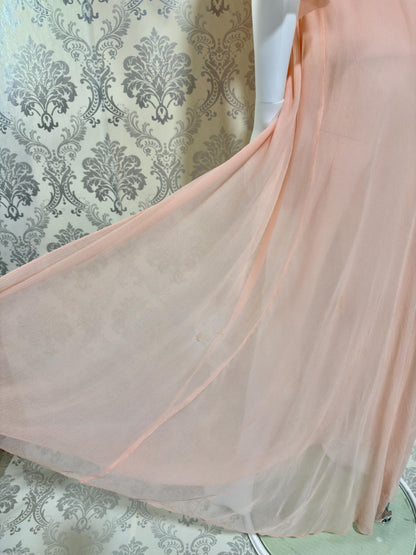 1930s Vintage silk dressing gown robe, peachy pink silk chiffon housecoat lingerie dress