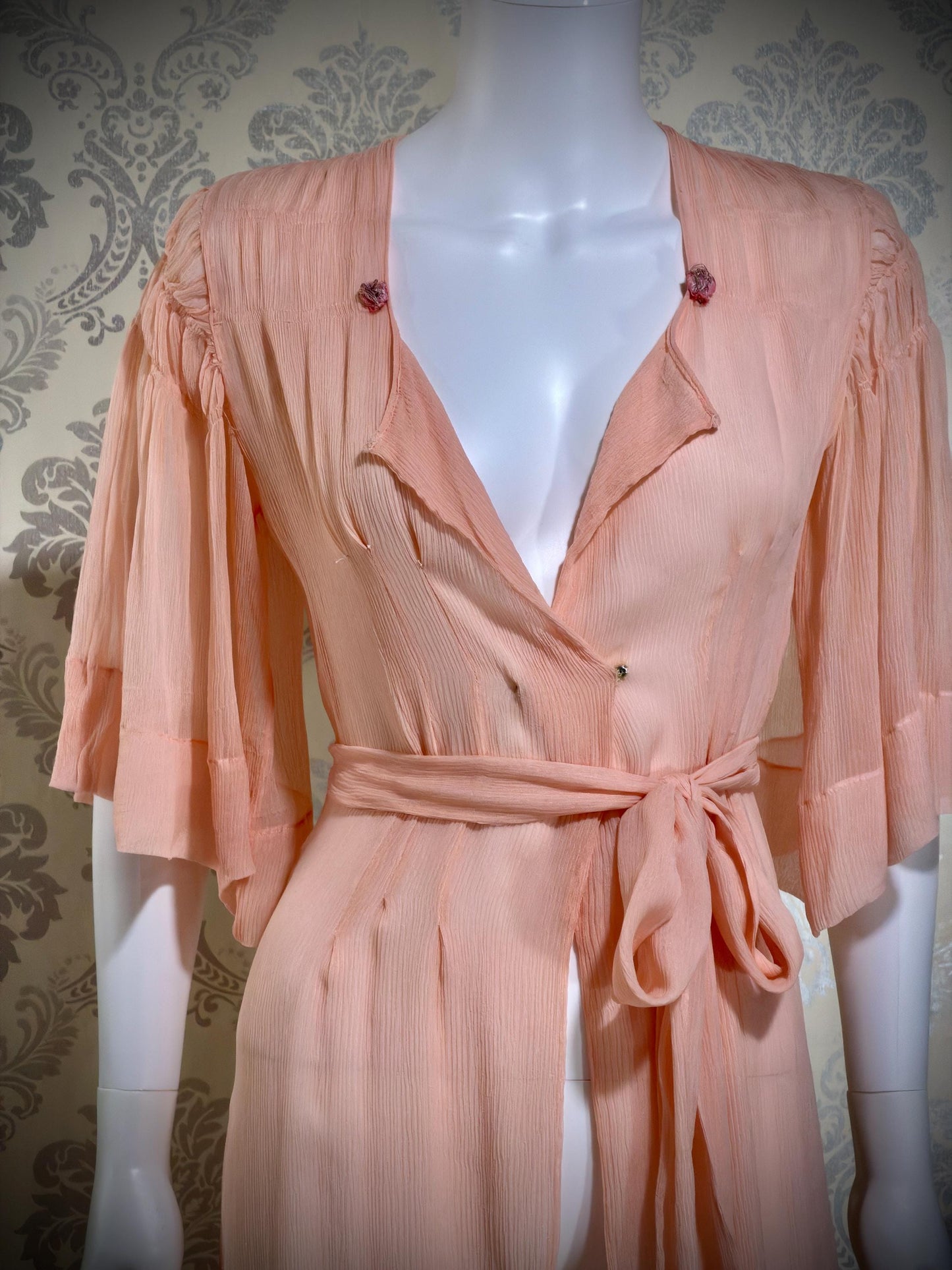 1930s Vintage silk dressing gown robe, peachy pink silk chiffon housecoat lingerie dress