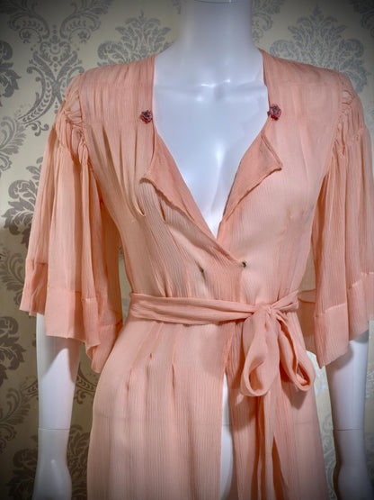 1930s Vintage silk dressing gown robe, peachy pink silk chiffon housecoat lingerie dress