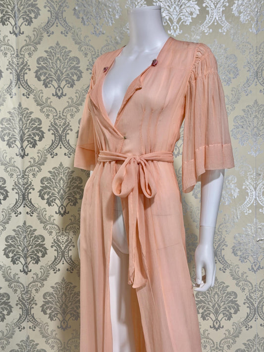 1930s Vintage silk dressing gown robe, peachy pink silk chiffon housecoat lingerie dress