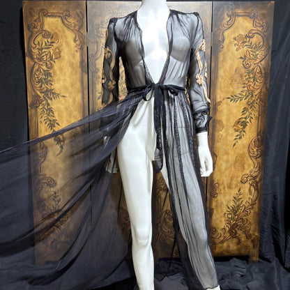 1930s Vintage dressing gown robe, Sheer black mesh lingerie housecoat
