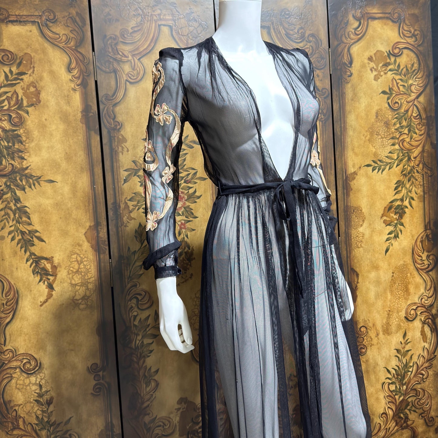 1930s Vintage dressing gown robe, Sheer black mesh lingerie housecoat