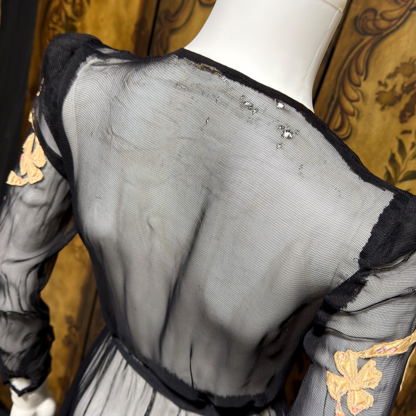 1930s Vintage dressing gown robe, Sheer black mesh lingerie housecoat