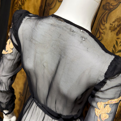 1930s Vintage dressing gown robe, Sheer black mesh lingerie housecoat