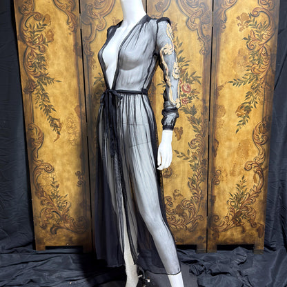 1930s Vintage dressing gown robe, Sheer black mesh lingerie housecoat