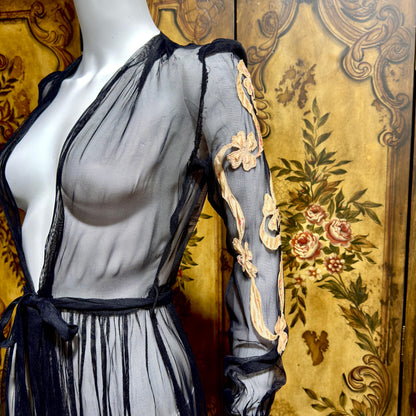 1930s Vintage dressing gown robe, Sheer black mesh lingerie housecoat